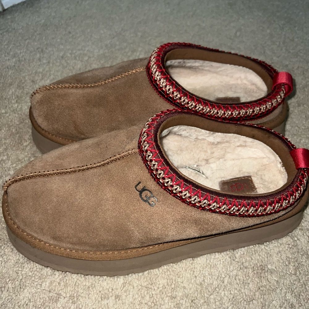 UGG Tan Tasman Suede Slippers with Red Accent